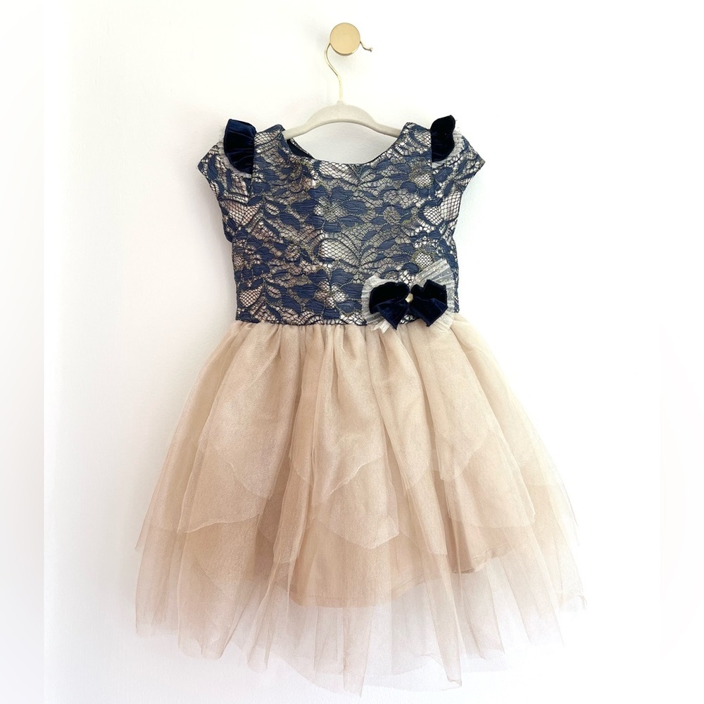 Biscotti Navy and Lace Champagne Tulle Dress with Bow, Girls 2T - Like New